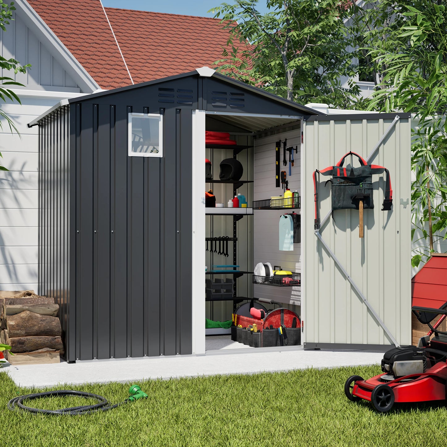 Metal Outdoor Storage Shed 6FT x 4FT for Backyard Garden Patio, Gray (6x4ft Grey No Floor Frame)'