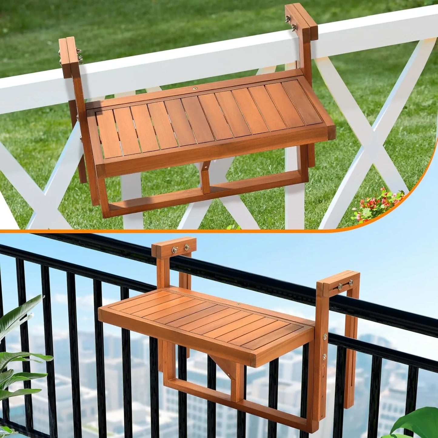 Acacia Wood Folding Balcony Hanging Table – Adjustable Height & Width, Balcony Railing Table Ideal for Different Railing