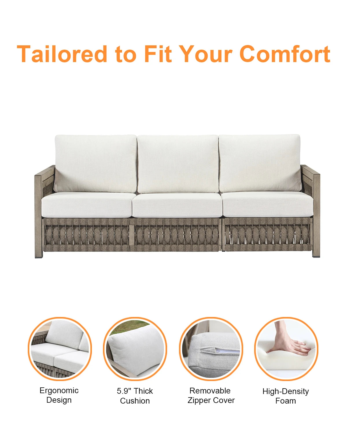 SeeHill 3-Seater Outdoor Sofa with Washable Cushions