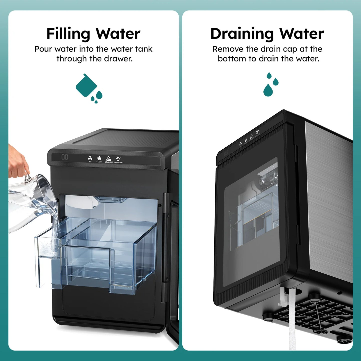 Compact Countertop Ice Maker Clear - 3 Cubes, Portable, 22lbs Daily Output 1.6" Square Ice Cubes, Self-Cleaning ,LED Light