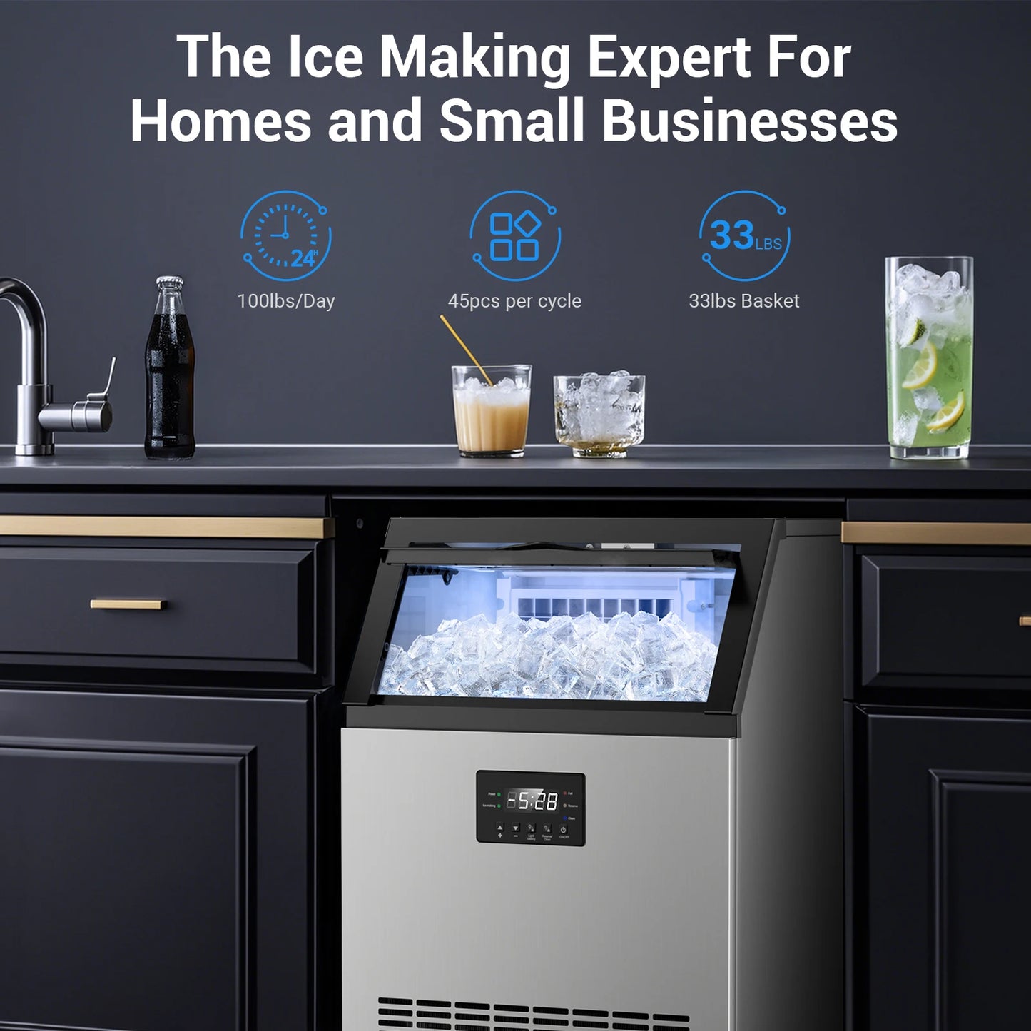 Commercial Stainless Steel Ice Maker – Under‑Counter Ice Machine with 34‑lb Bin, Freestanding for Home & Café