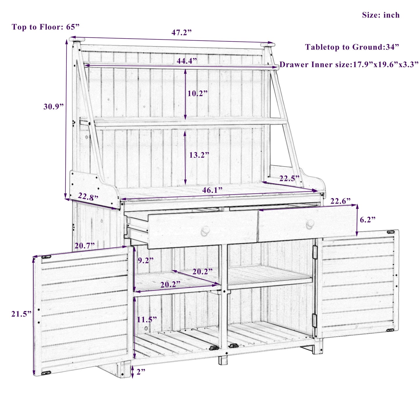 TOPMAX 65inch Garden Potting Bench Table, Fir Wood with Storage Shelf, Drawer and Cabinet