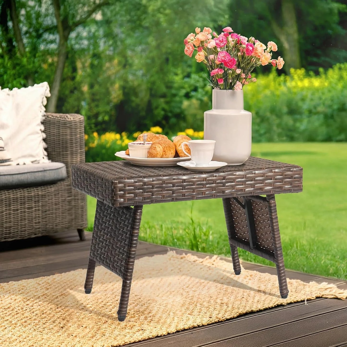 Outdoor Folding Rattan Side Table, Portable Wicker End Table for Patio, Garden, Poolside, and Indoor Use, Mix Mocha