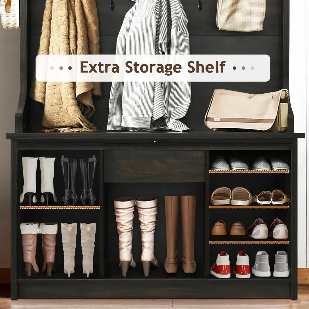5-in-1 Entryway Hall Tree with Shoe Storage, Coat Rack, Bench & Adjustable Shelf - Rustic Brown