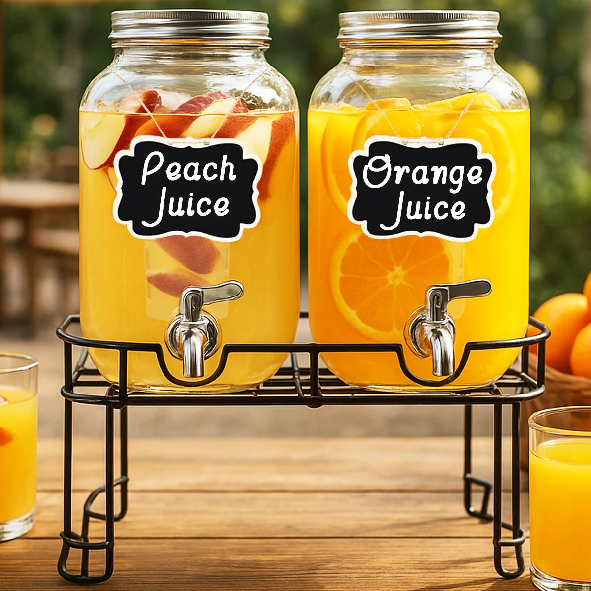 Double Glass Drink Dispenser Set – Two 1‑Gallon Jars with Metal Stand
