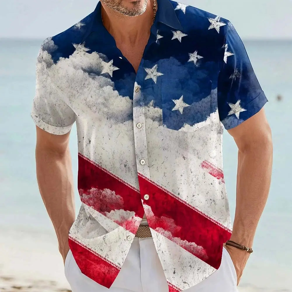 Men's Eagle US Flag America's 250th Anniversary Shirt Button Up Shirt Short Sleeve Vintage Retro Outdoor Summer Front One Pocket