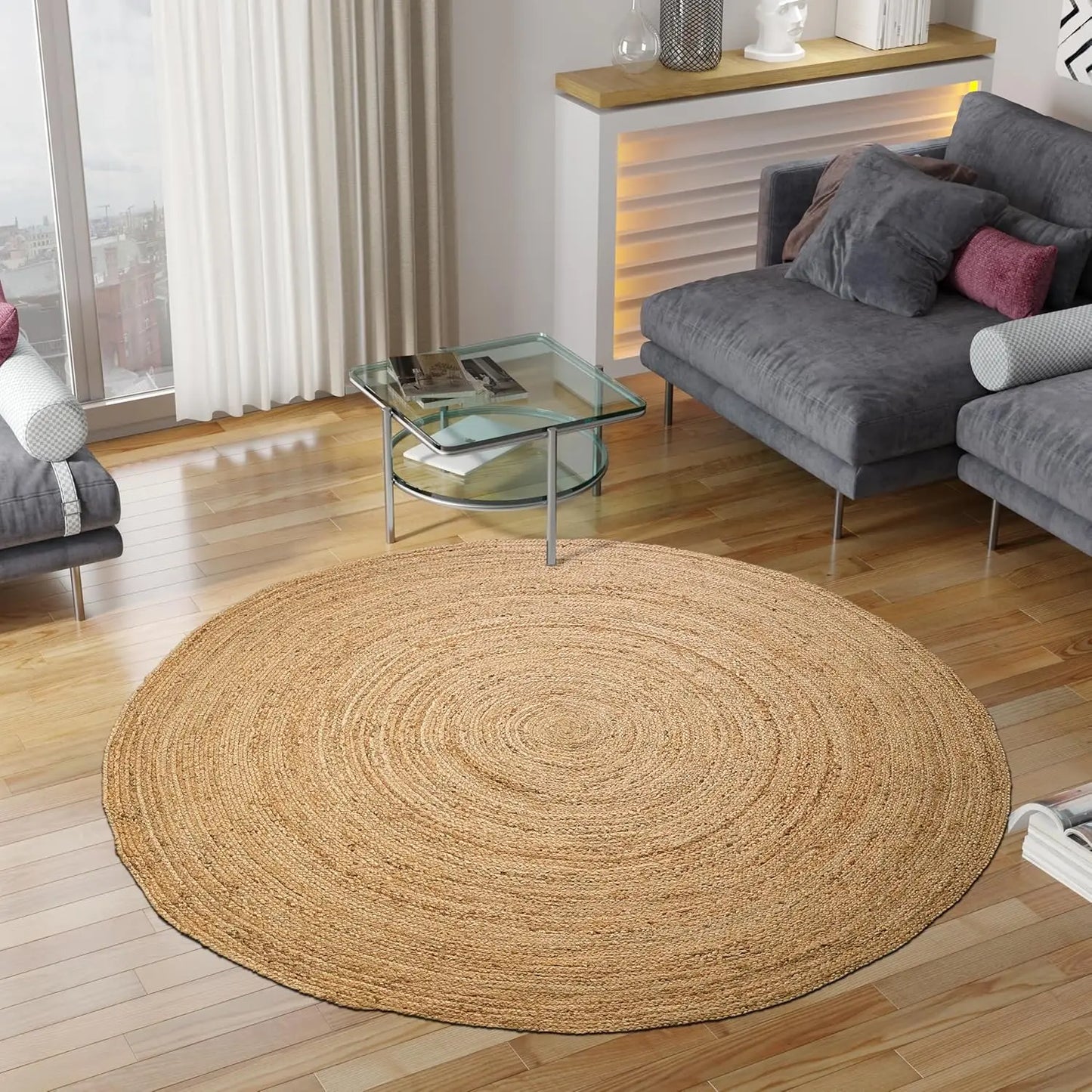 Hand Woven Braided Round Rug, 6 Feet Natural Reversible