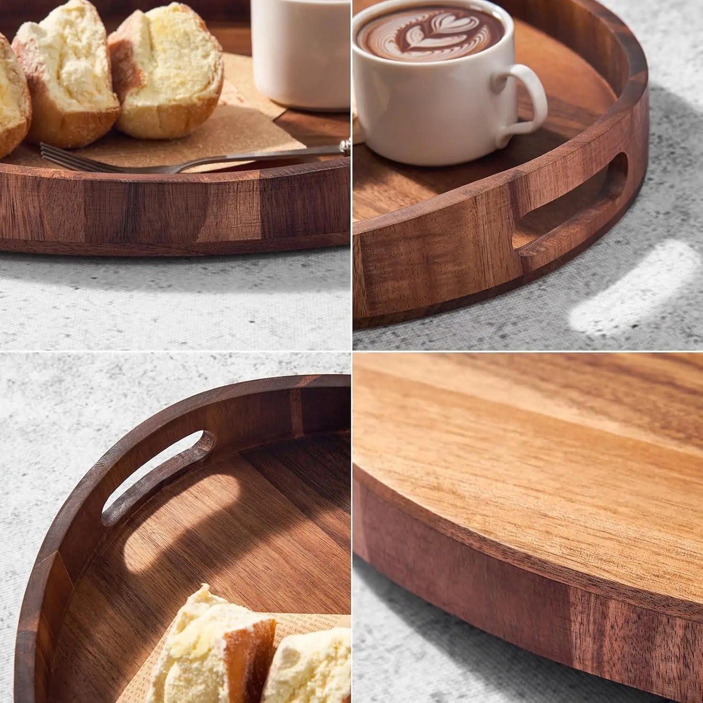 Decorative Round Wood Serving Tray with Handles