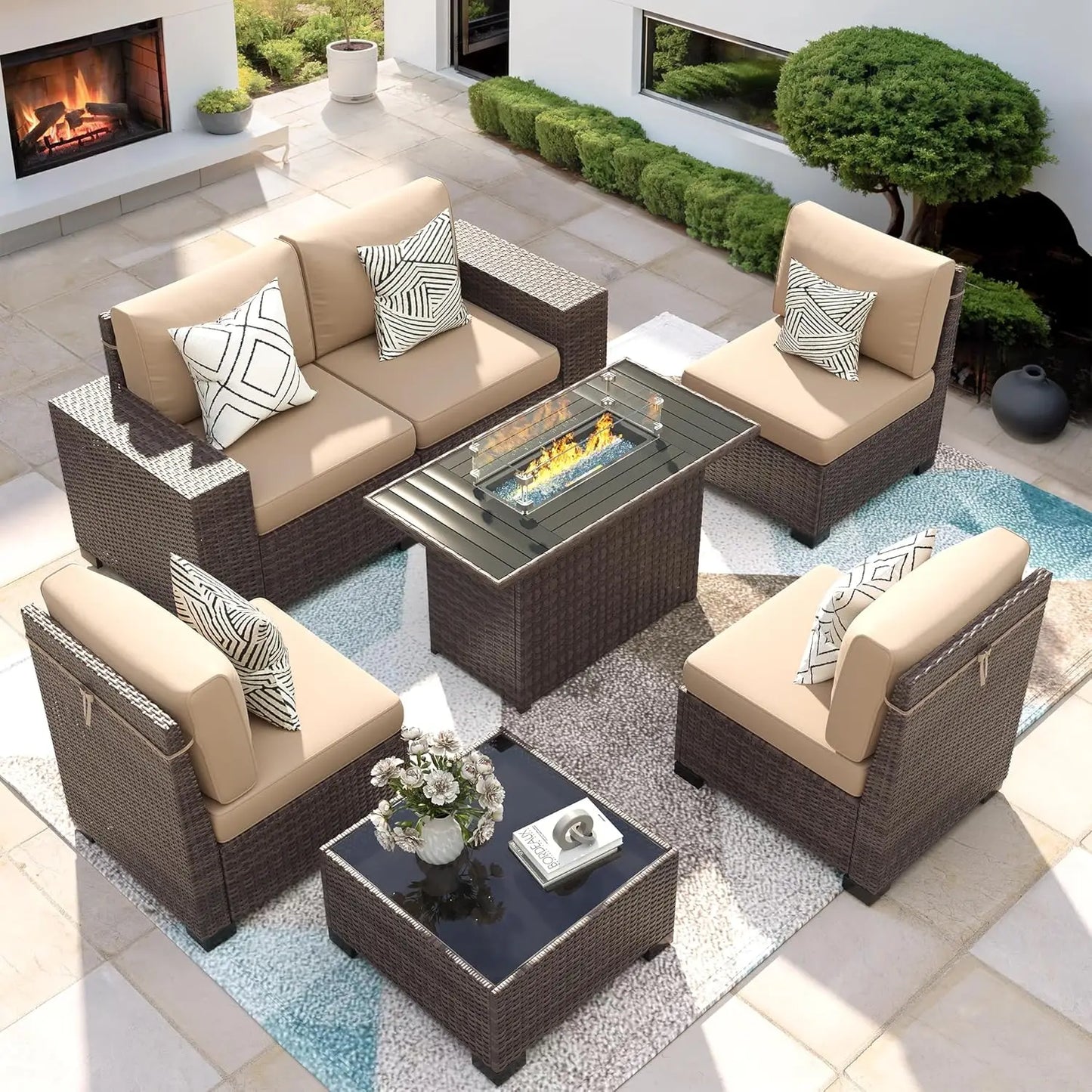 7 Piece Patio Furniture Set With Fire Pit Table, Outdoor , Wicker Rattan