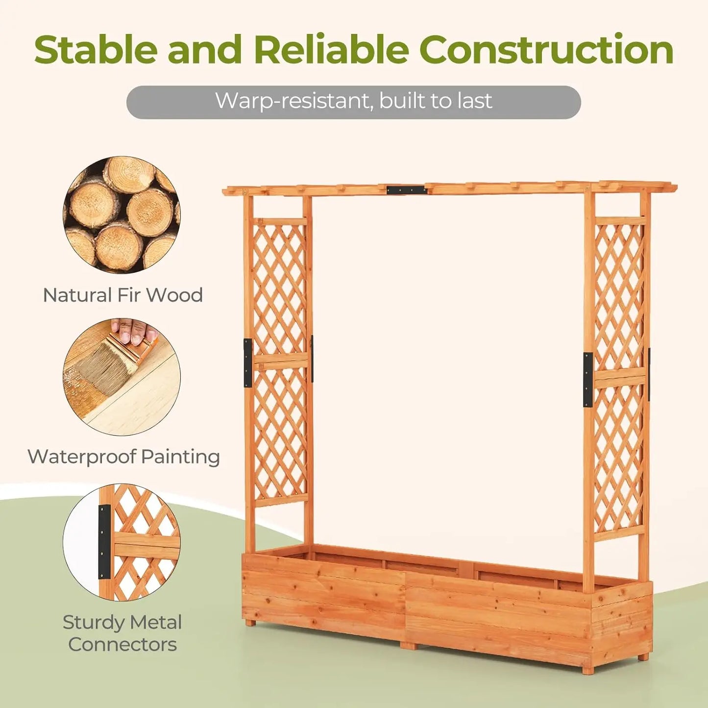 Freestanding Wood Planter Box with Trellis, Hanging Roof & Drainage for Climbing Plants, Flowers, Outdoor Garden