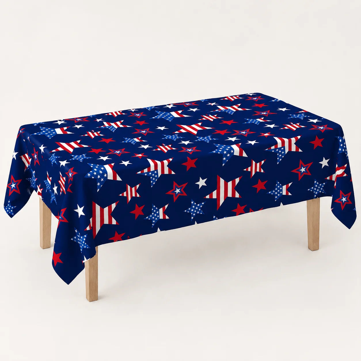 4th of July Patriotic Tablecloth – American Flag Stars Red White & Navy Blue Polyester Table Cover