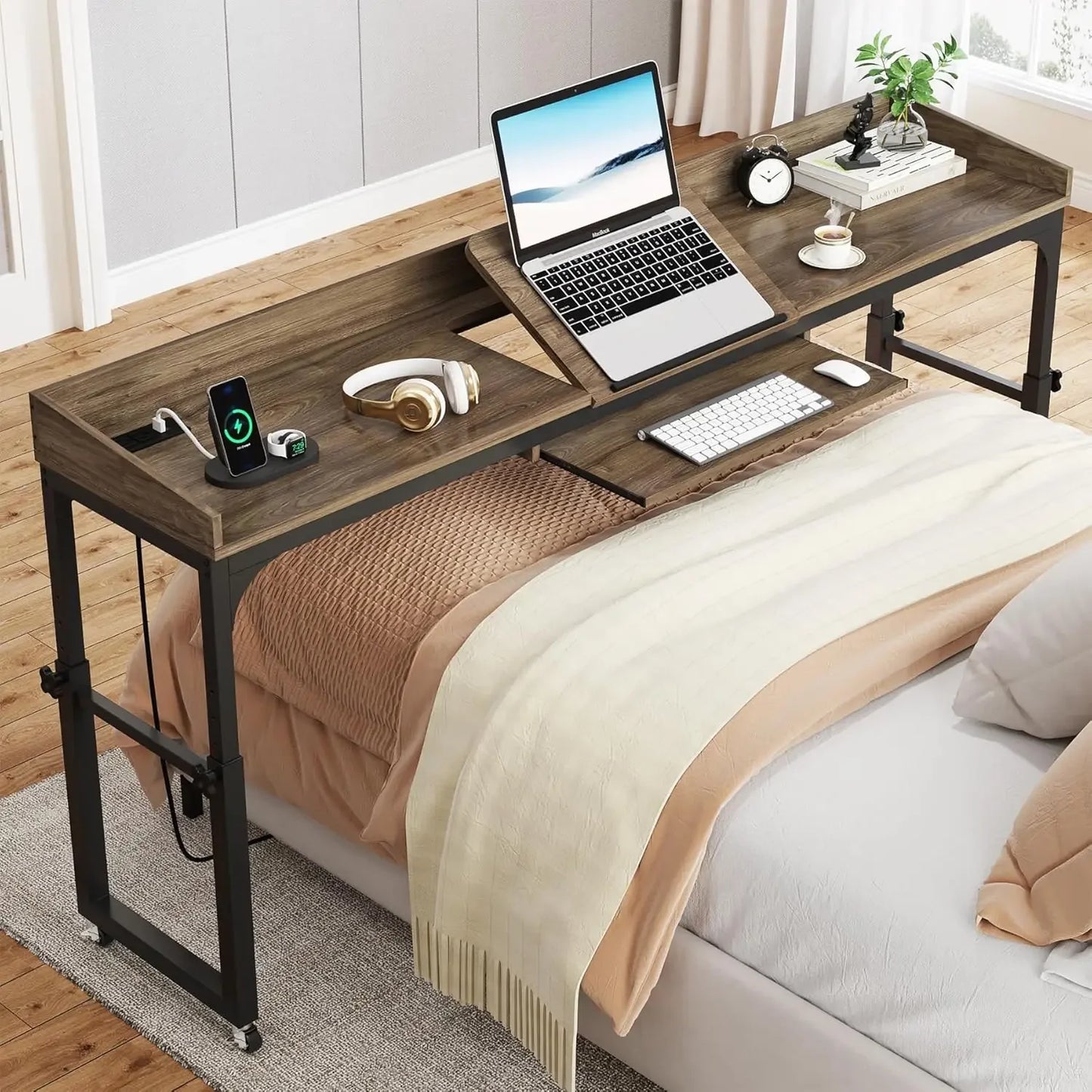 Height‑Adjustable Overbed Table with Wheels – Queen‑Size Rolling Desk & Mobile Laptop Cart
