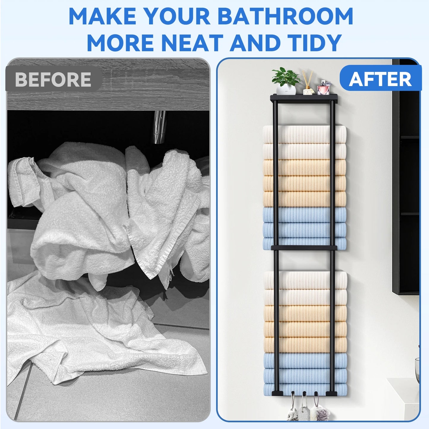 3‑Tier Wall‑Mounted Towel Holder – Bathroom Shelf with 6 Hooks for Towels & Accessories