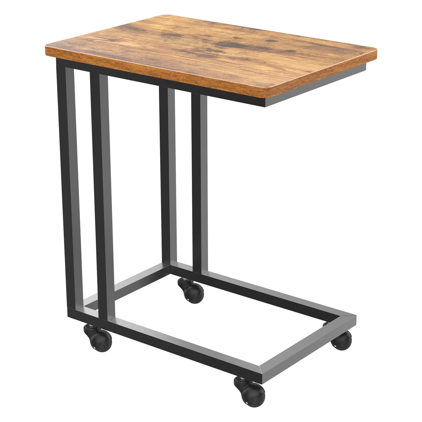 Wood Sofa Table with Wheels – Portable Overbed & Bedside Desk with Adjustable Feet and Metal Frame
