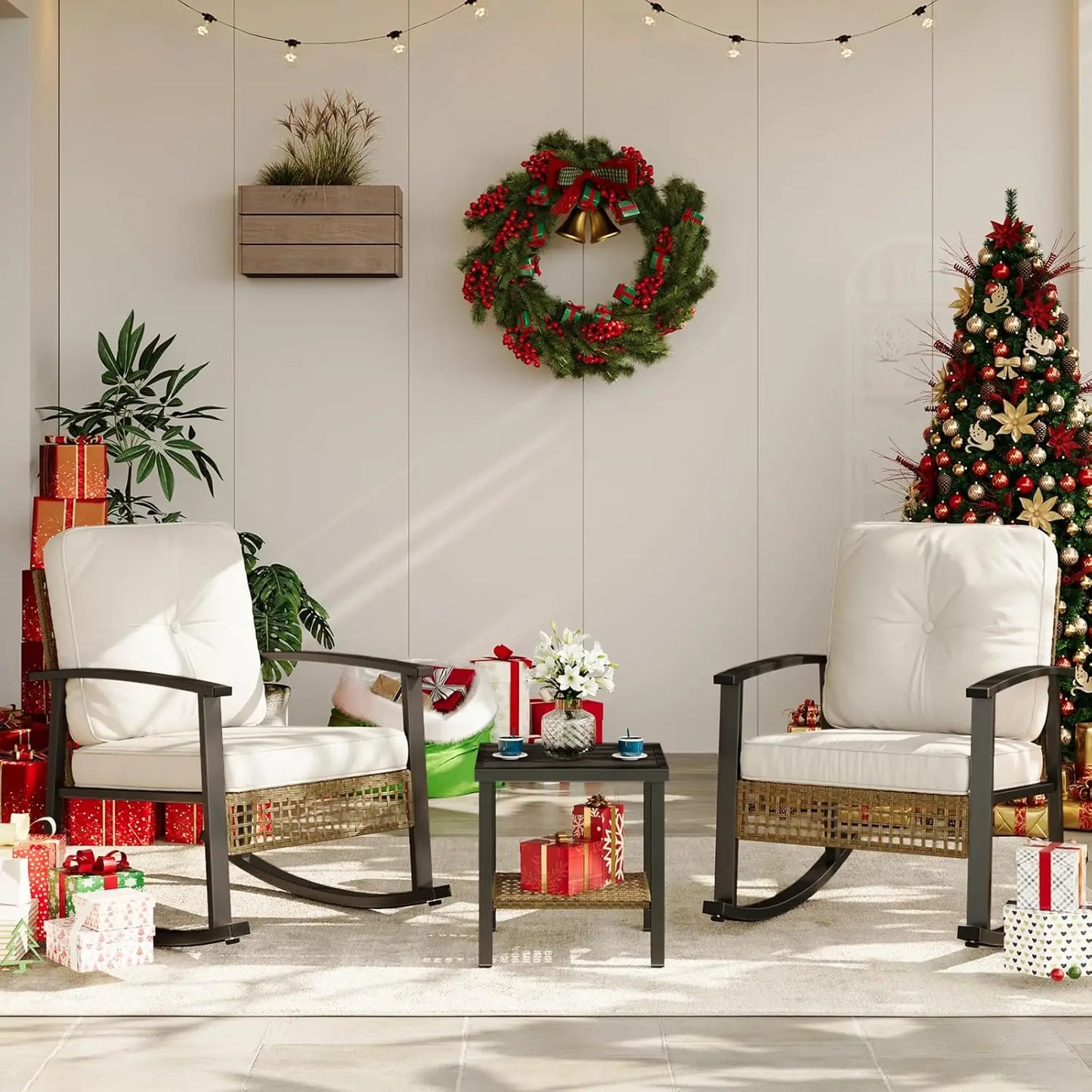 3-Piece Rattan Rocking Bistro Set: 2 Cushioned Wicker Chairs & Coffee Table