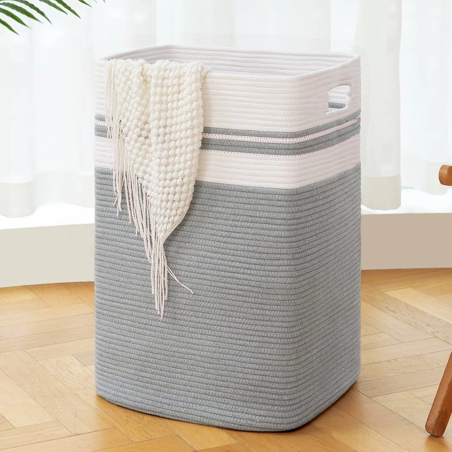 Laundry Basket, Blanket Basket for Bedroom Aesthetic, Laundry Hamper & Blanket Storage for Living Room, Woven Storage Basket