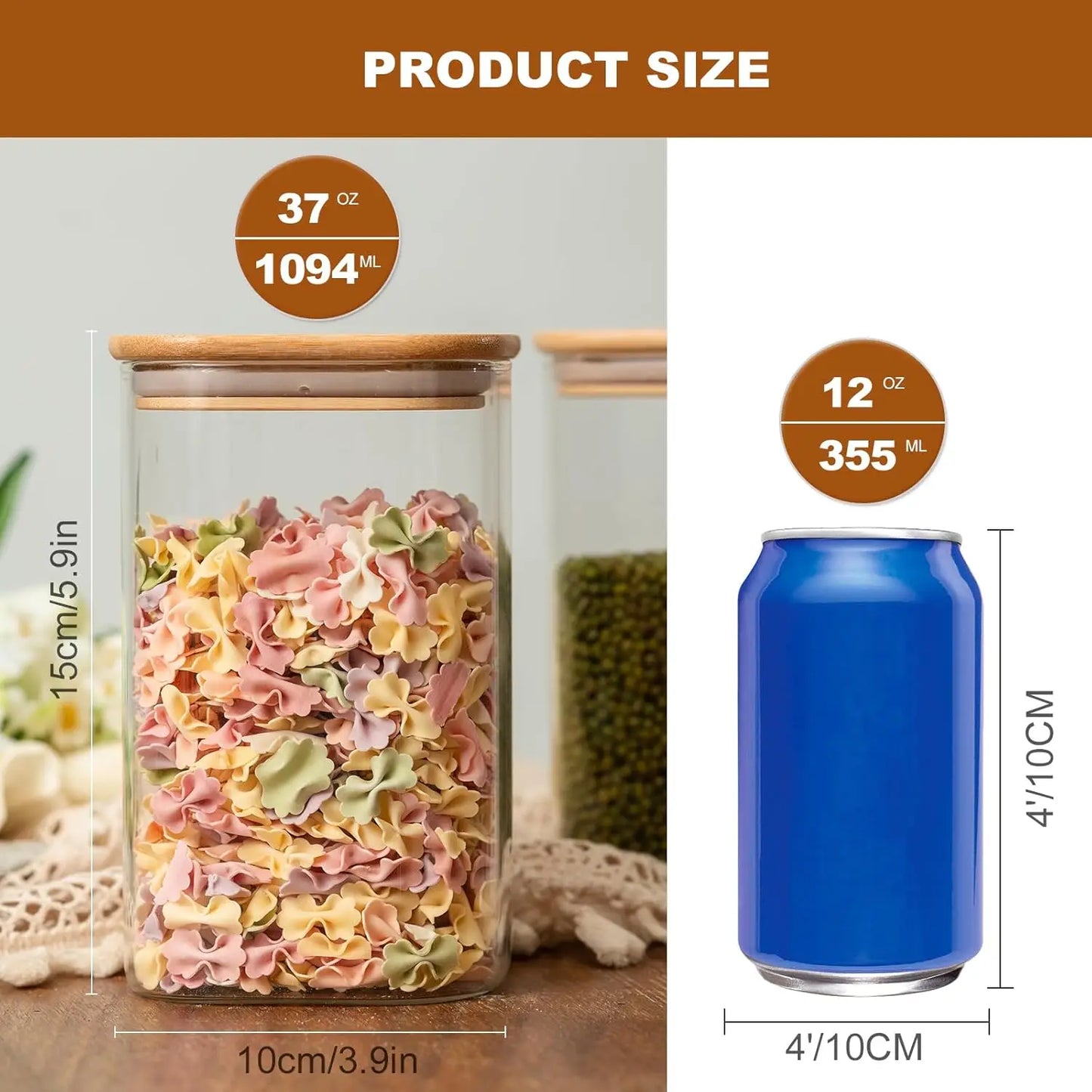 Glass Food Storage Jars 37oz Set of 6, Airtight Bamboo Lid Containers for Tea, Coffee, Flour, Sugar & More