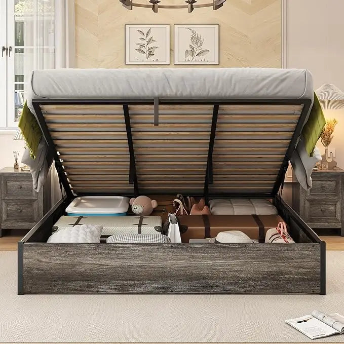 Queen Bed Frame with Lift up Storage, Wooden Platform