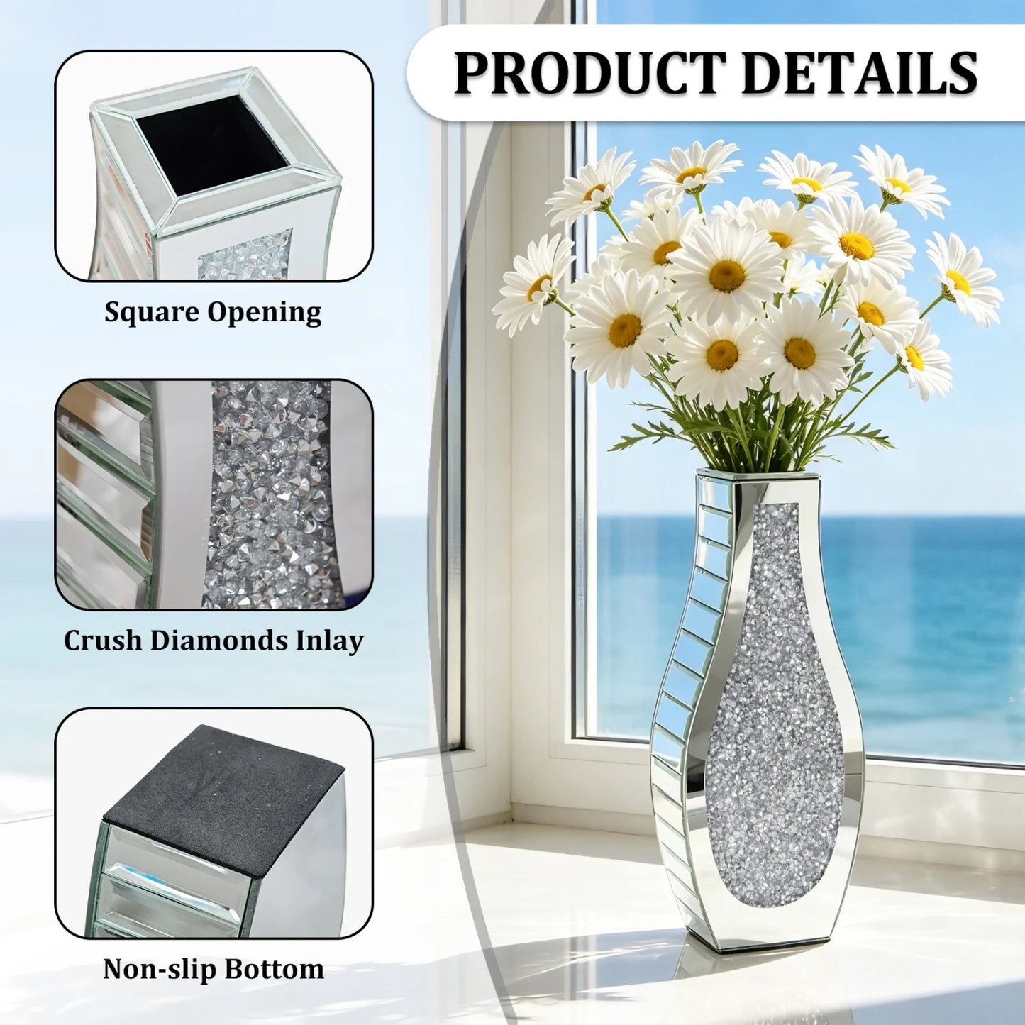 Modern Crushed Diamond Mirror Vase – Crystal‑Accented Decorative Flower Vase for Home Styling
