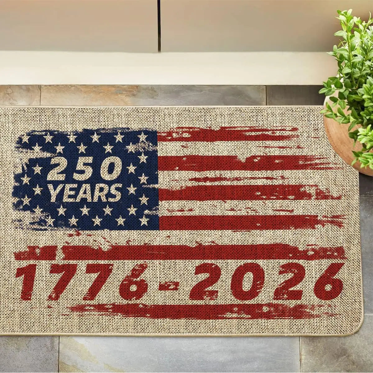 4th of July Patriotic Door Mat – USA 250th Red White Blue Indoor/Outdoor Floor Mat (Multiple Sizes)