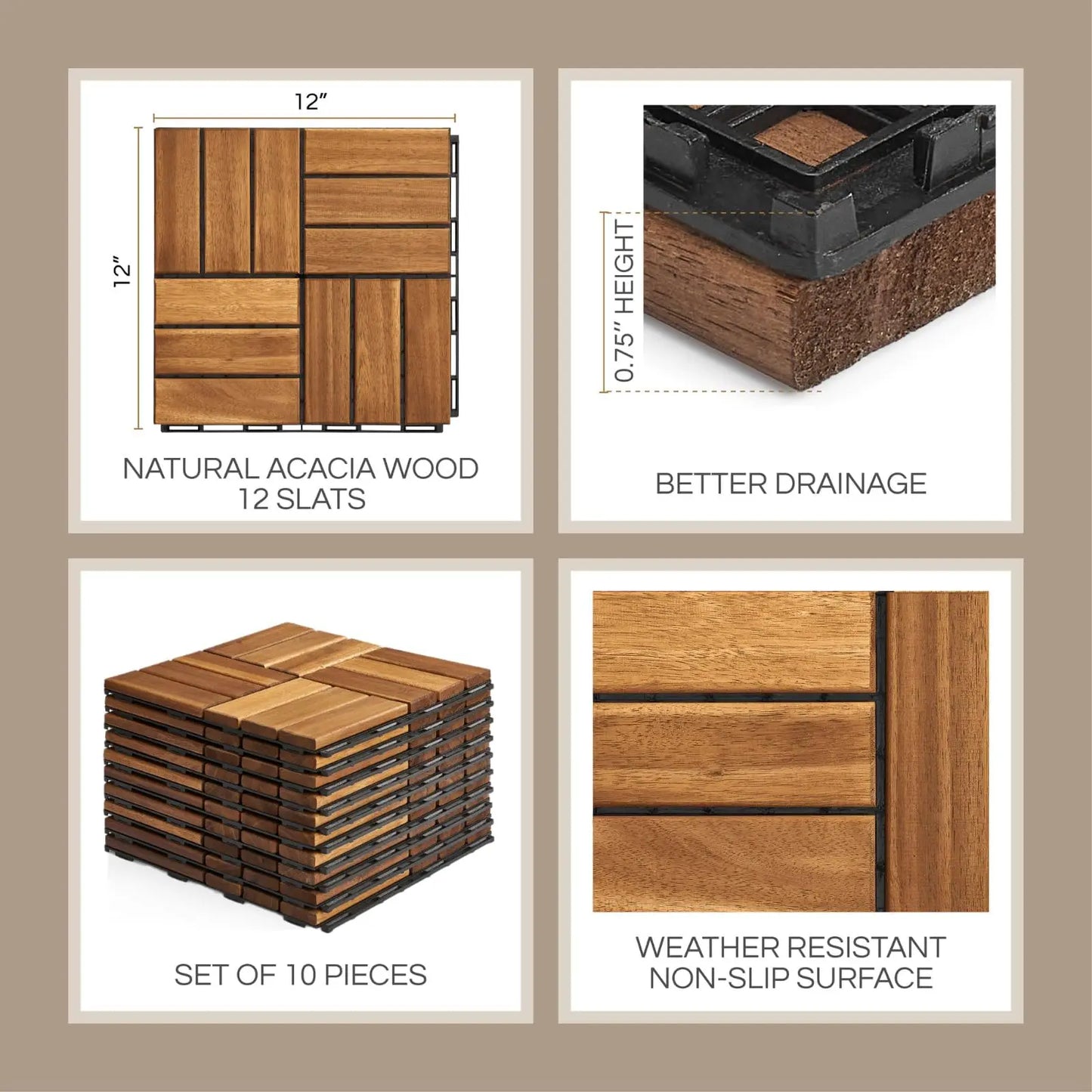 Acacia Wood Premium Deck Tiles 10- Pcs Outdoor, Waterproof, Golden Teak Crossed Pattern 10 Sq Feet