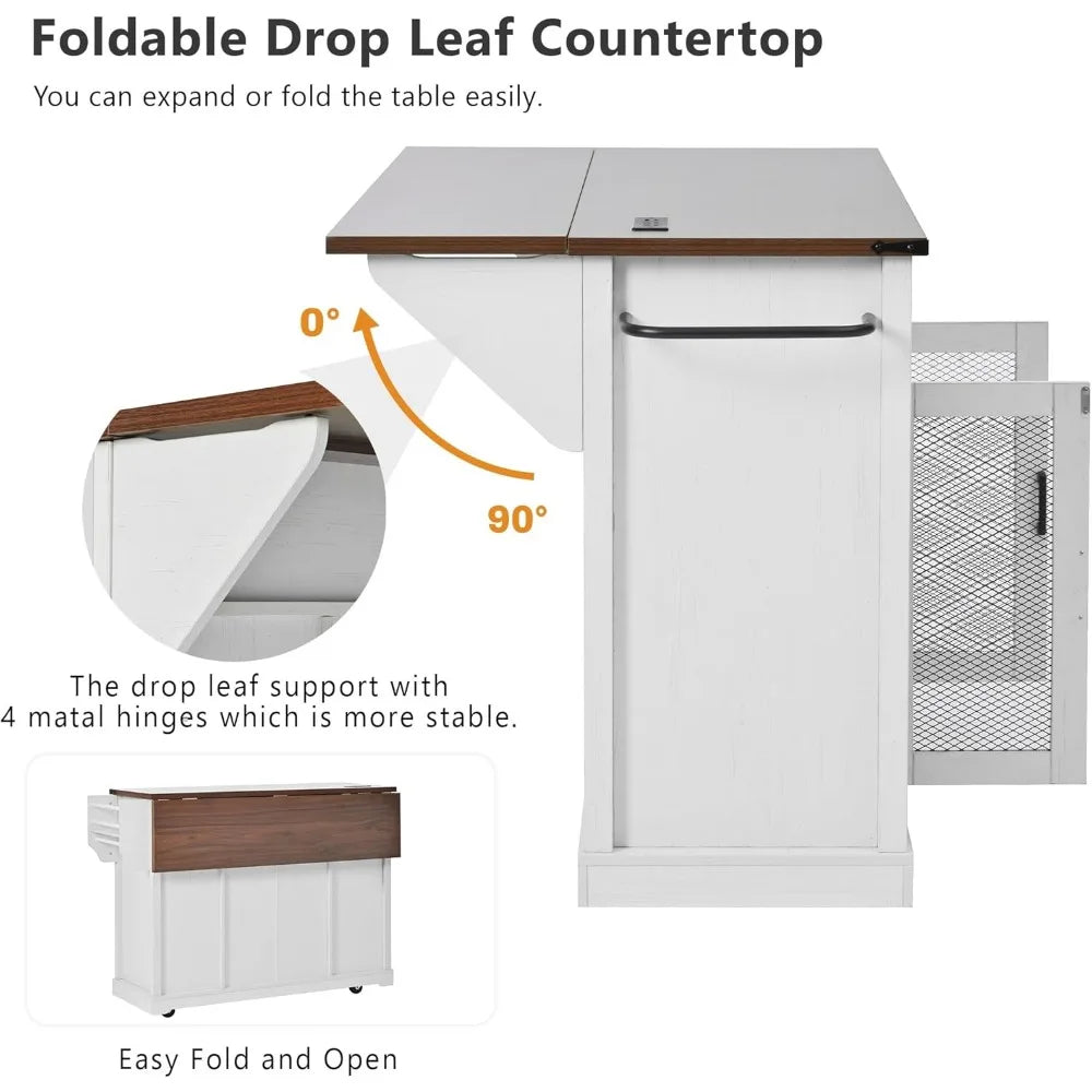 Farmhouse Kitchen Island Cart on Wheels with Drop Leaf & Power Outlet, Sliding Barn Door Storage Cabinet