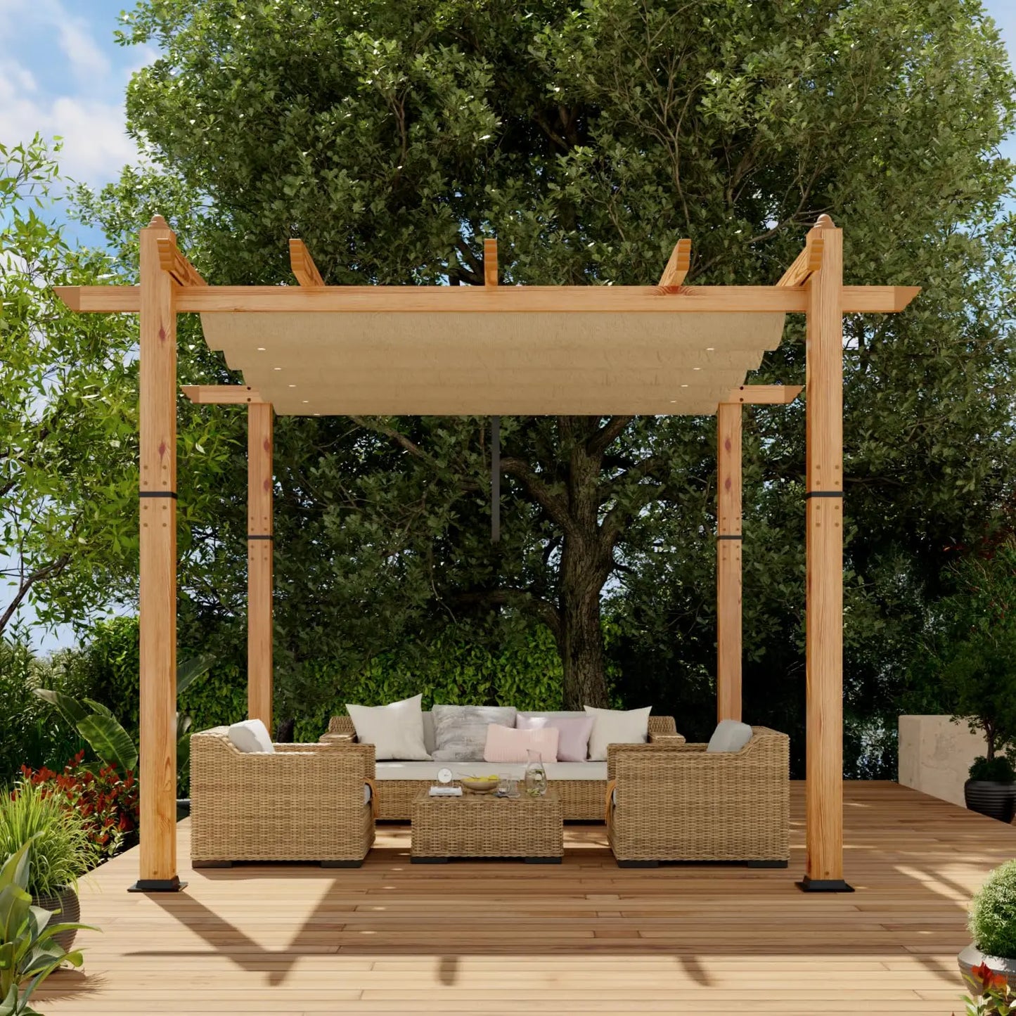 10'×10' Aluminum Pergola – Faux Wood Outdoor Pergola with Retractable Canopy