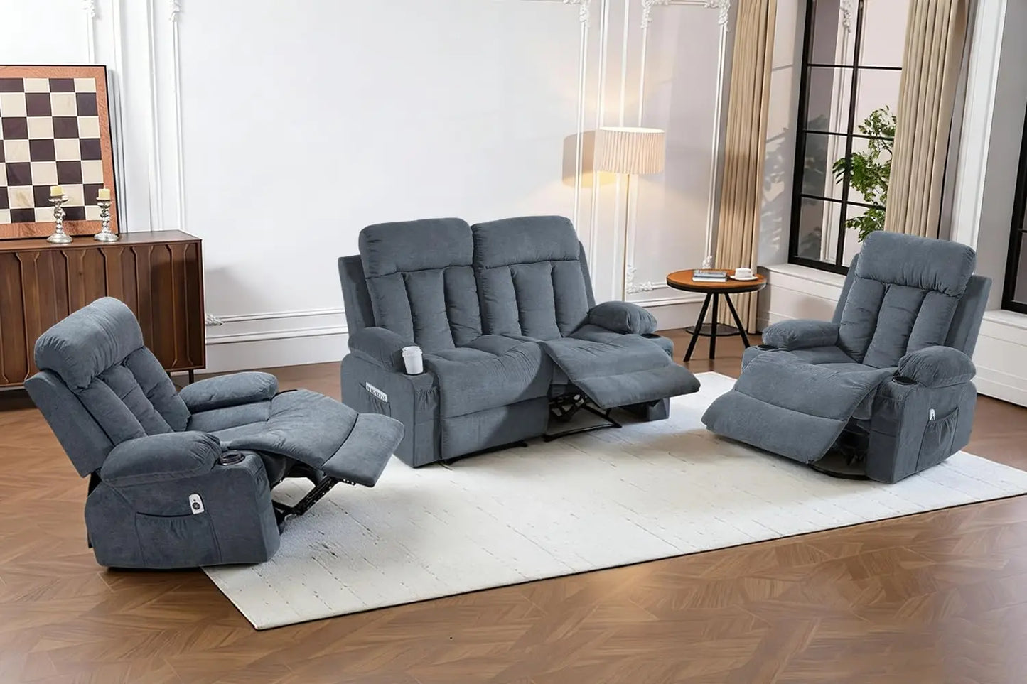 3‑Piece Manual Recliner Sofa Set – Sofa, Loveseat & Chair with Built‑In Cup Holders