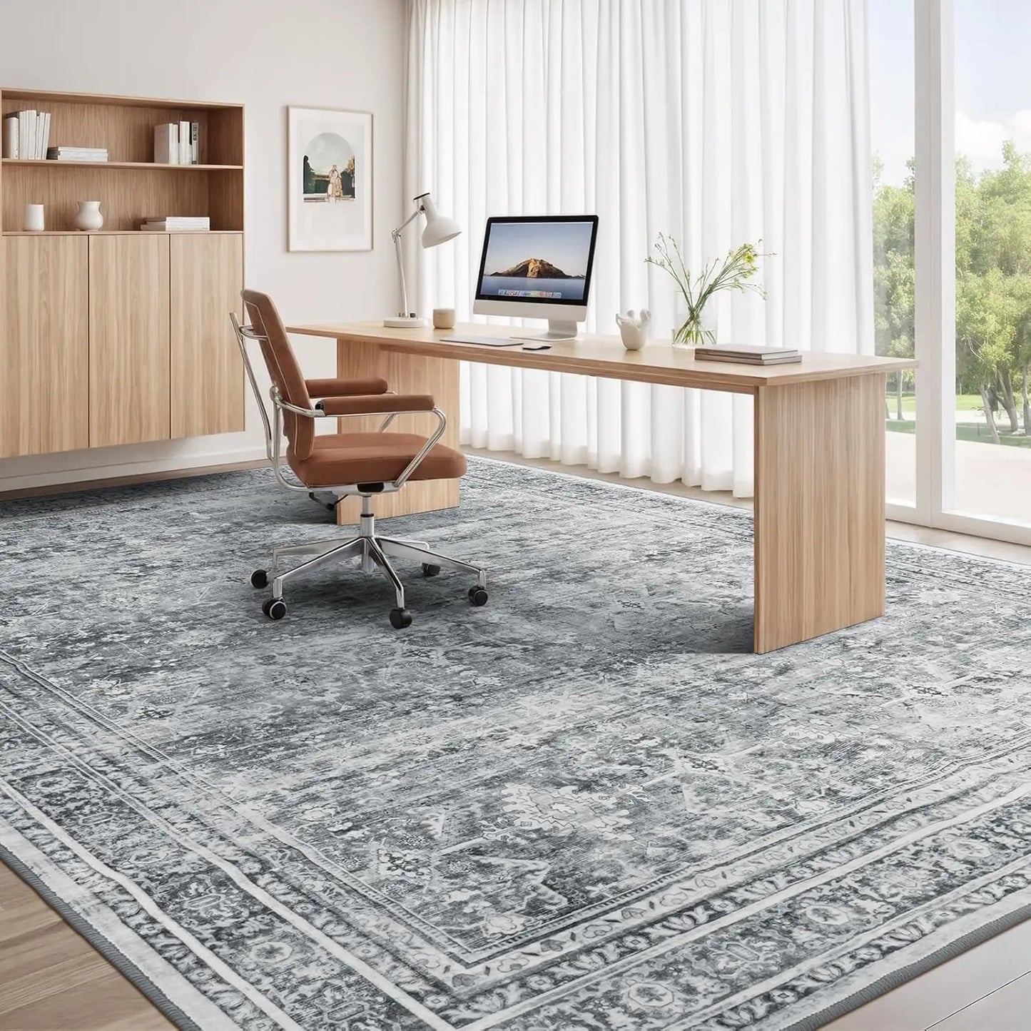 8x10 Washable Area Rug – Soft Grey Floral Design with Non‑Slip Backing