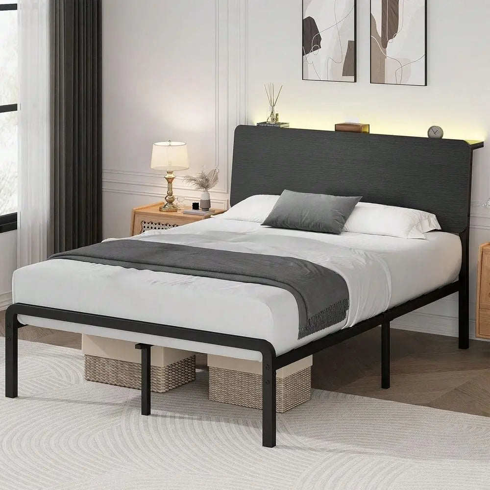 Full and Queen Bed Frame With LED Lights, Metal Bed Frame With Wooden Headboard Storage Shelf, Under Bed Storage, No Box Spring Req