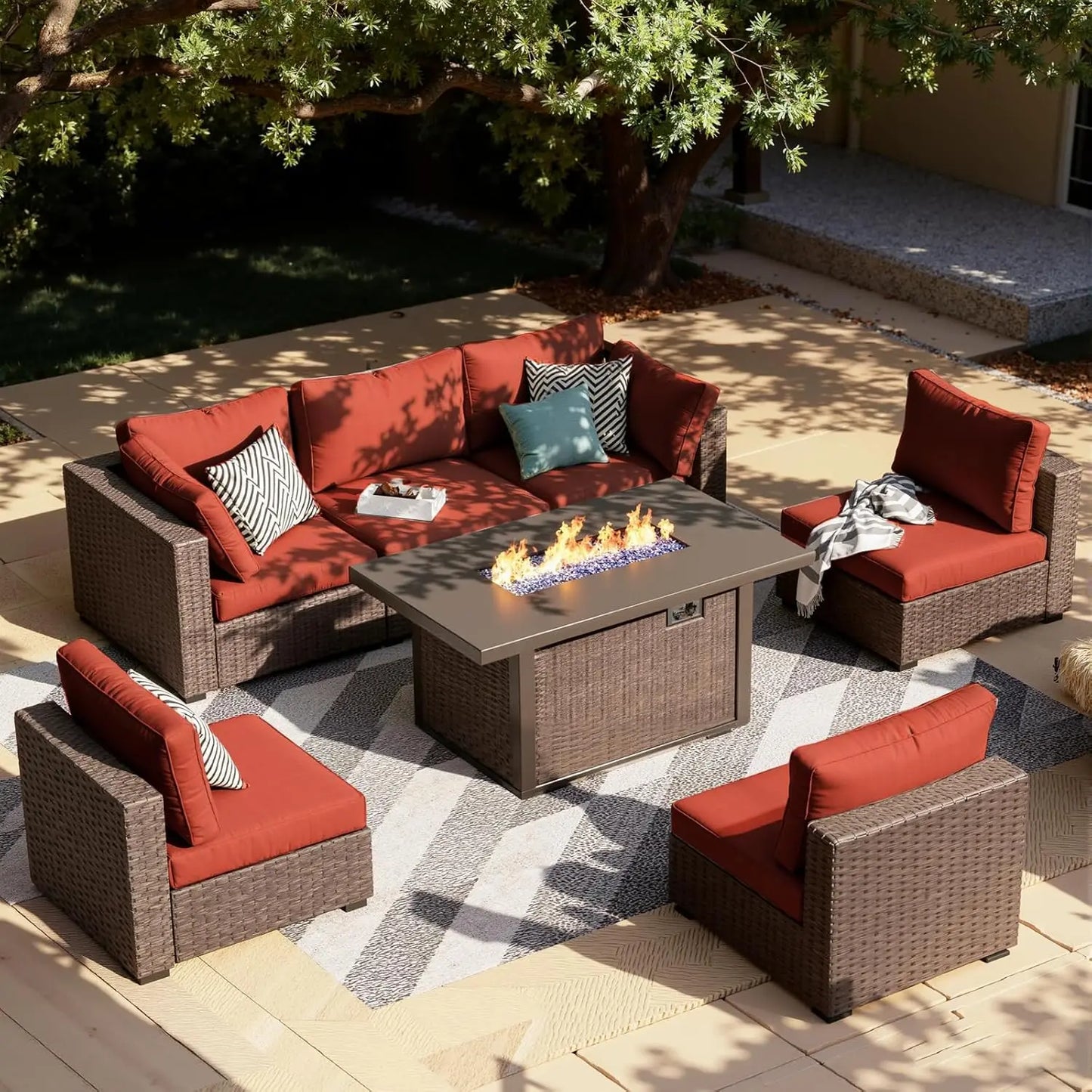 7-Pieces Patio Furniture Sets Outdoor Sectional Sofa with 44'' Propane Rattan Wicker Firepit Table