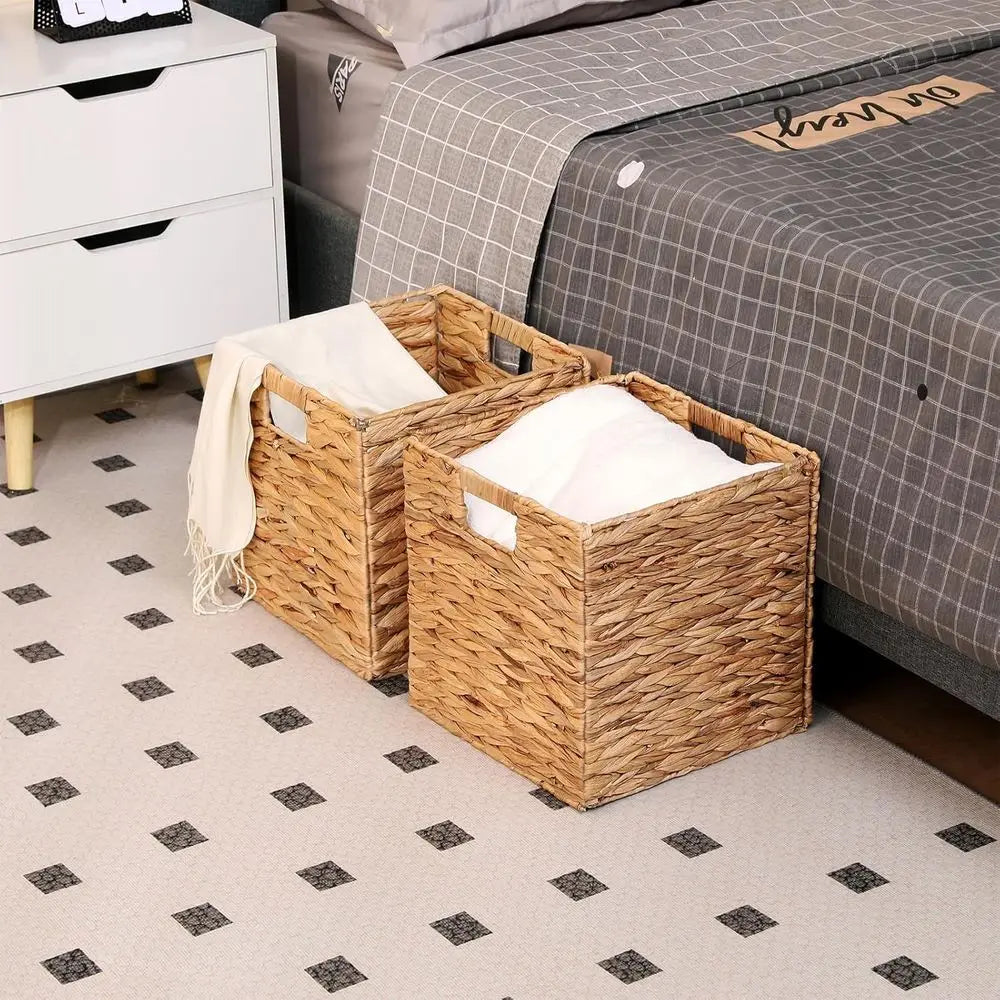 11x11in Wicker Storage Basket Set of 2 Collapsible Cube Storage Baskets, Storage Bins with Built-in Handles