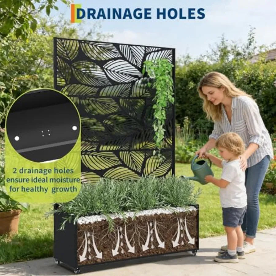 Metal Planter Box with Trellis and Wheels 71x47x16 R for Climbing Plants