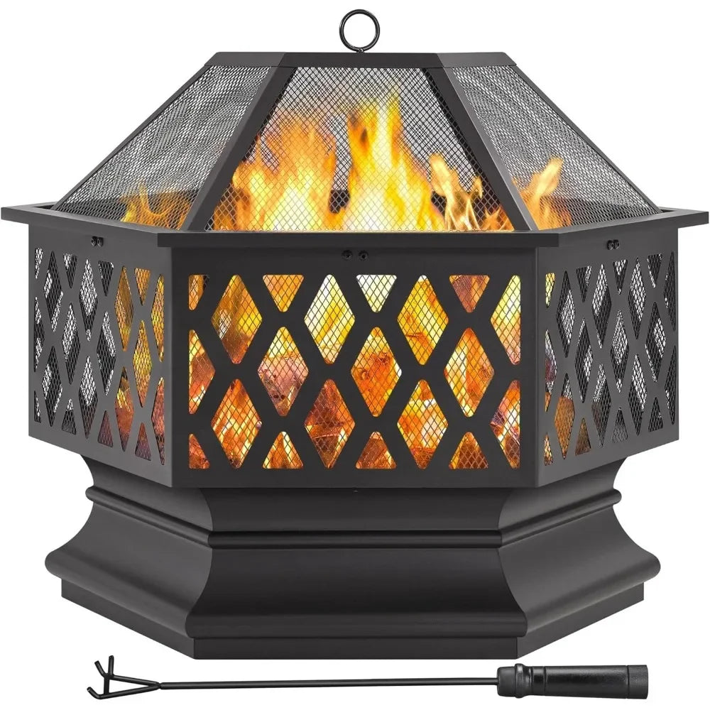 Hex Shaped Fire Bowl - Large Wood Burning Outdoor Fire Pit with Spark Screen & Poker for Bonfire, Campfire