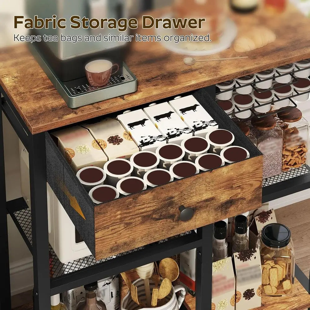 5‑Tier Bakers Rack with Storage Drawer – Coffee Bar Station with Pod Holder