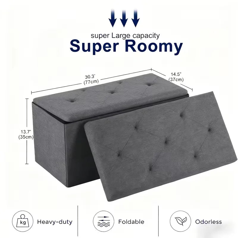 Heavy Duty Folding Storage Ottoman Bench, Indoor Outdoor Multipurpose Seat, Gray Easy Clean Fabric Organizer for Patio Garden