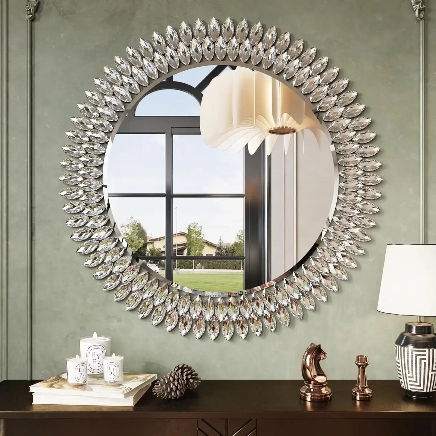 Aria Modern Jeweled Round Wall Mirror – 32"