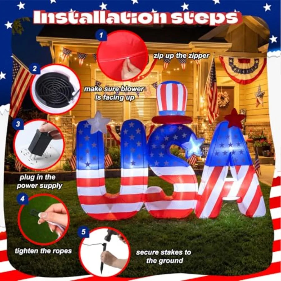 6.5FT Patriotic USA Letters Inflatable – 250th Anniversary Blow‑Up Decoration with Hat for 4th of July