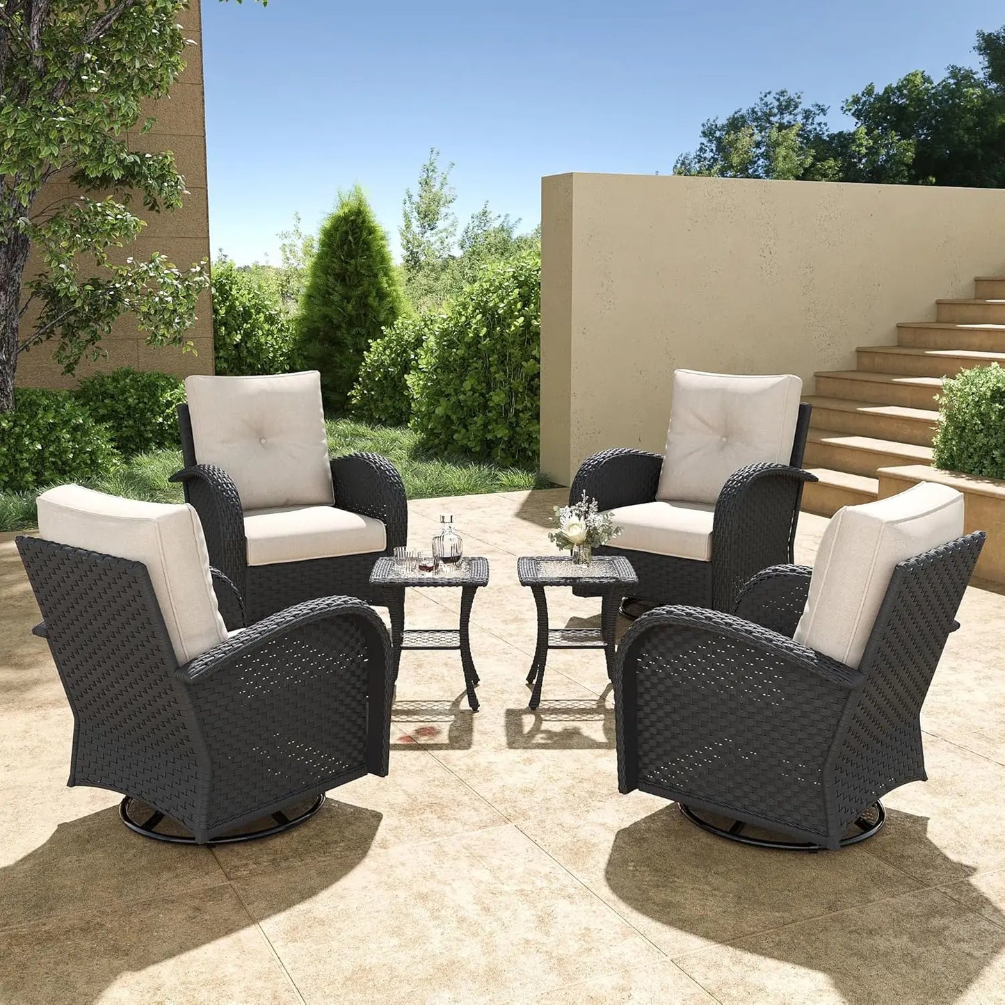6 Pieces Wicker Patio Furniture Set - 4 High Back Swivel Rocker Chairs and 2 tables