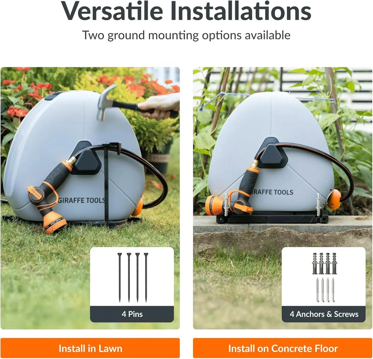 Retractable Hose Reel with 1/2 Inch x 100FT, Heavy Duty Ground Mount Garden Hose Reel, Automatic Rewind with 9-Function Sprayer