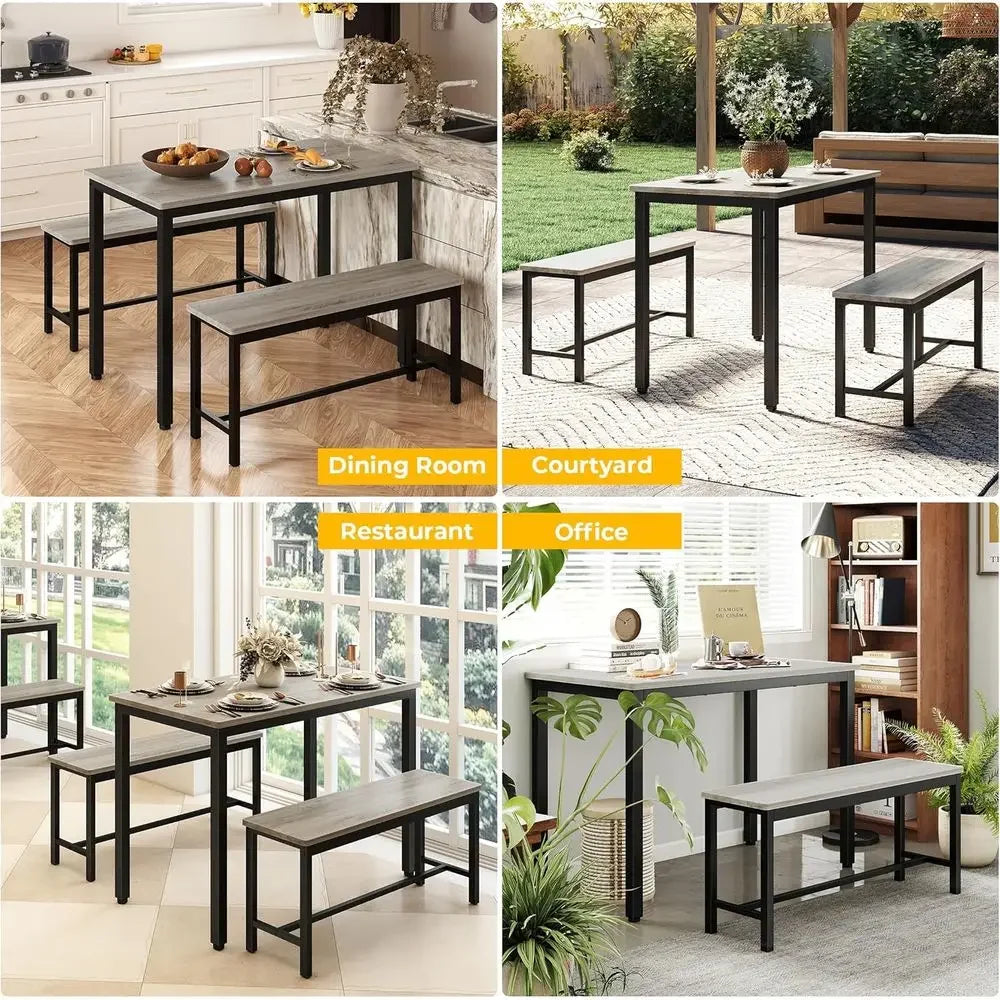Durable 4-Person Dining Set with Bench, Easy Assembly, Grey