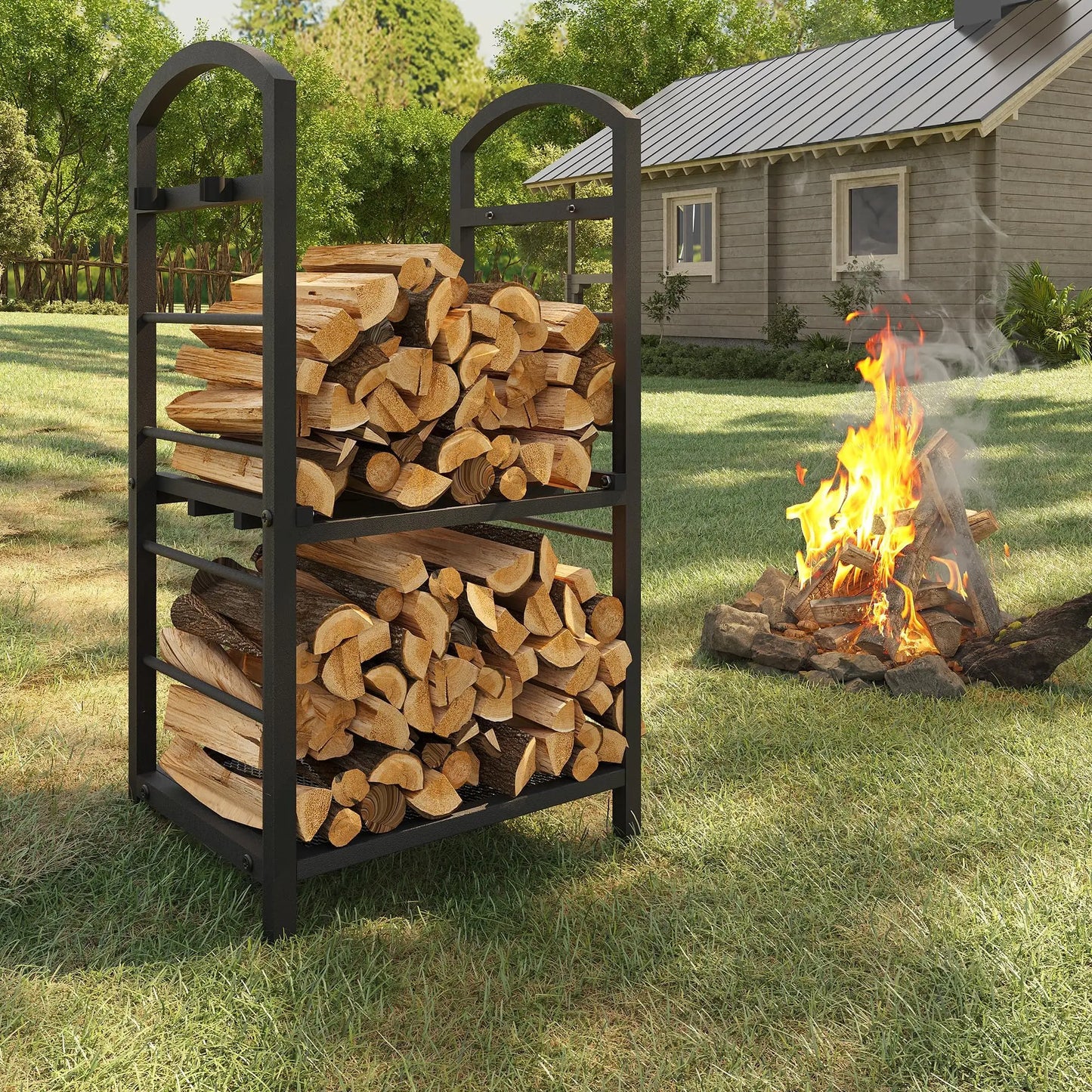 30 Inch Firewood Rack Outdoor Indoor, High Wood Racks for Firewood, Storage with Kindling Hooks