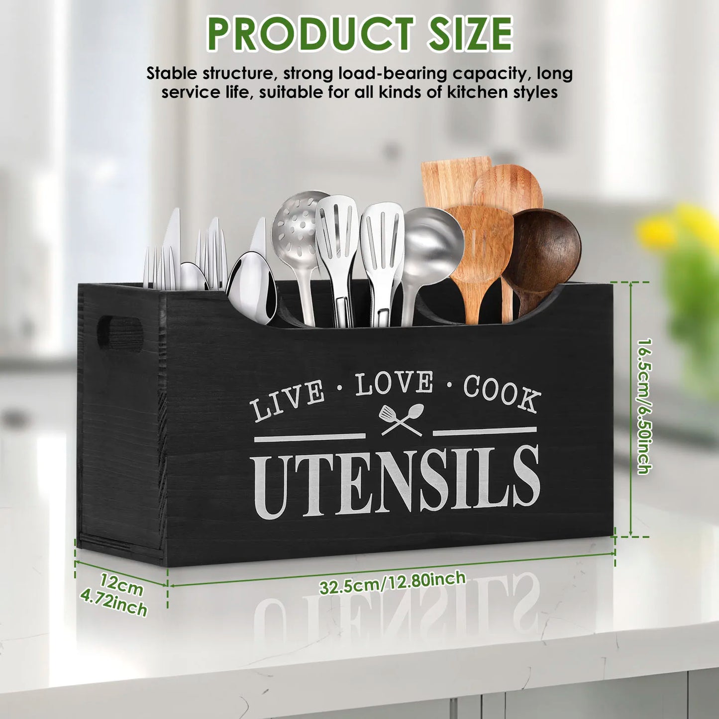 Wood Kitchen Utensil Holder – Large Spoon, Fork & Tableware Storage Caddy Organizer