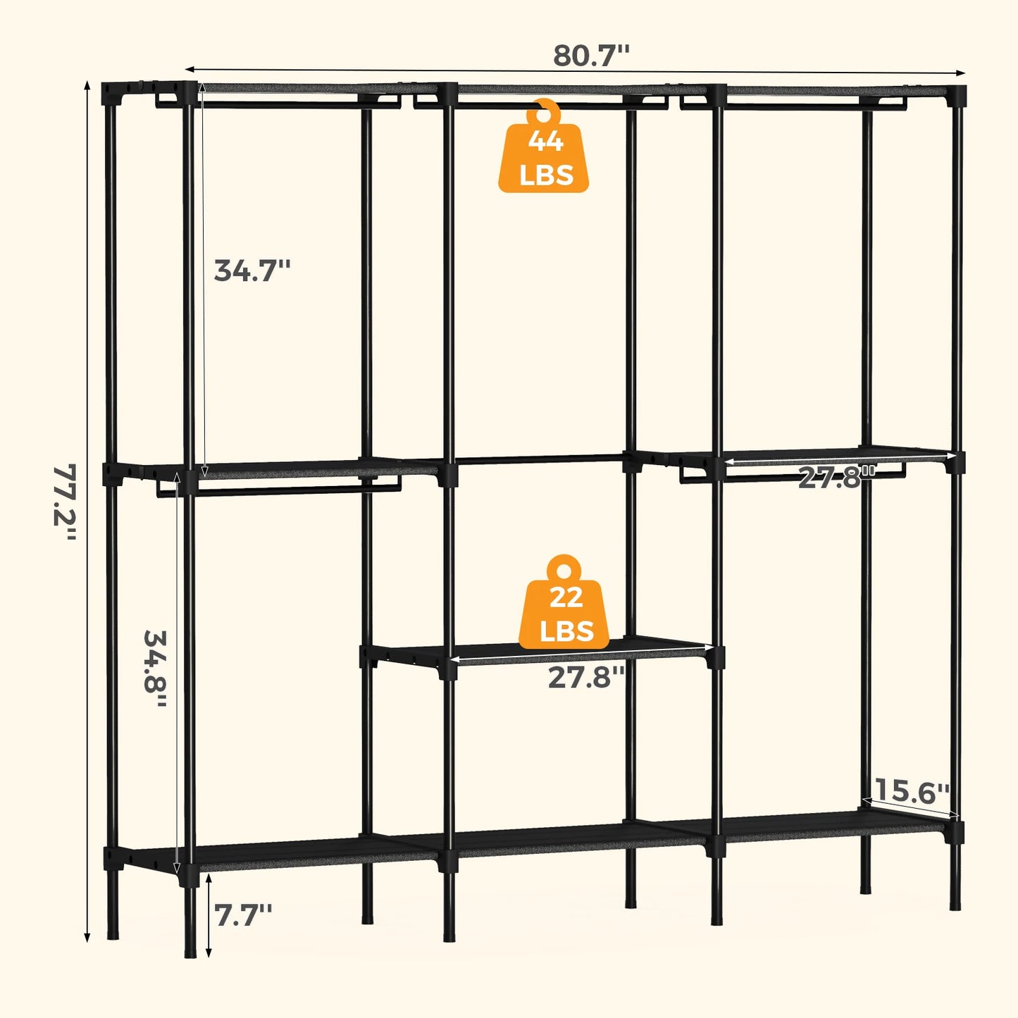 72IN to 81IN Portable Three Rows Wardrobe Closet with Hanging Rods with Shelves