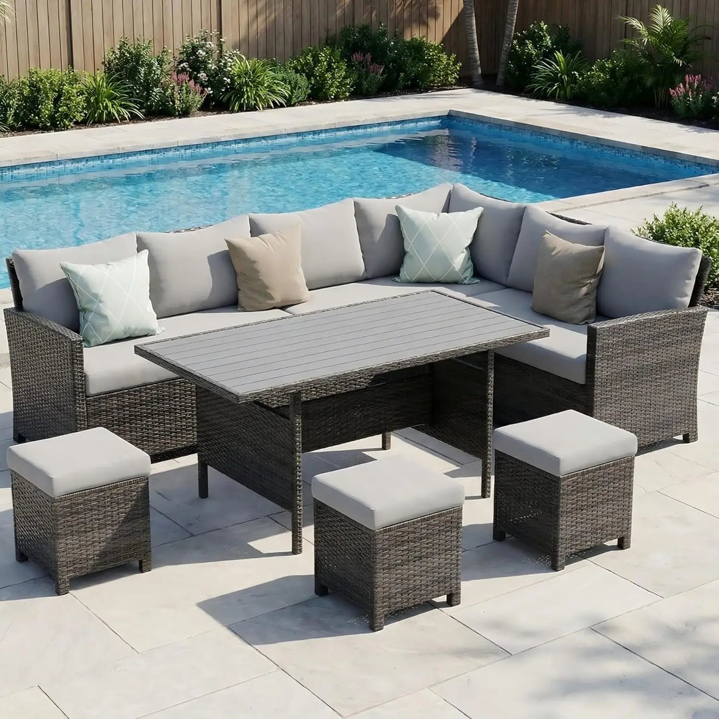 7 Piece Patio Furniture Set, High Curved Back, Wicker, All Weather Outdoor