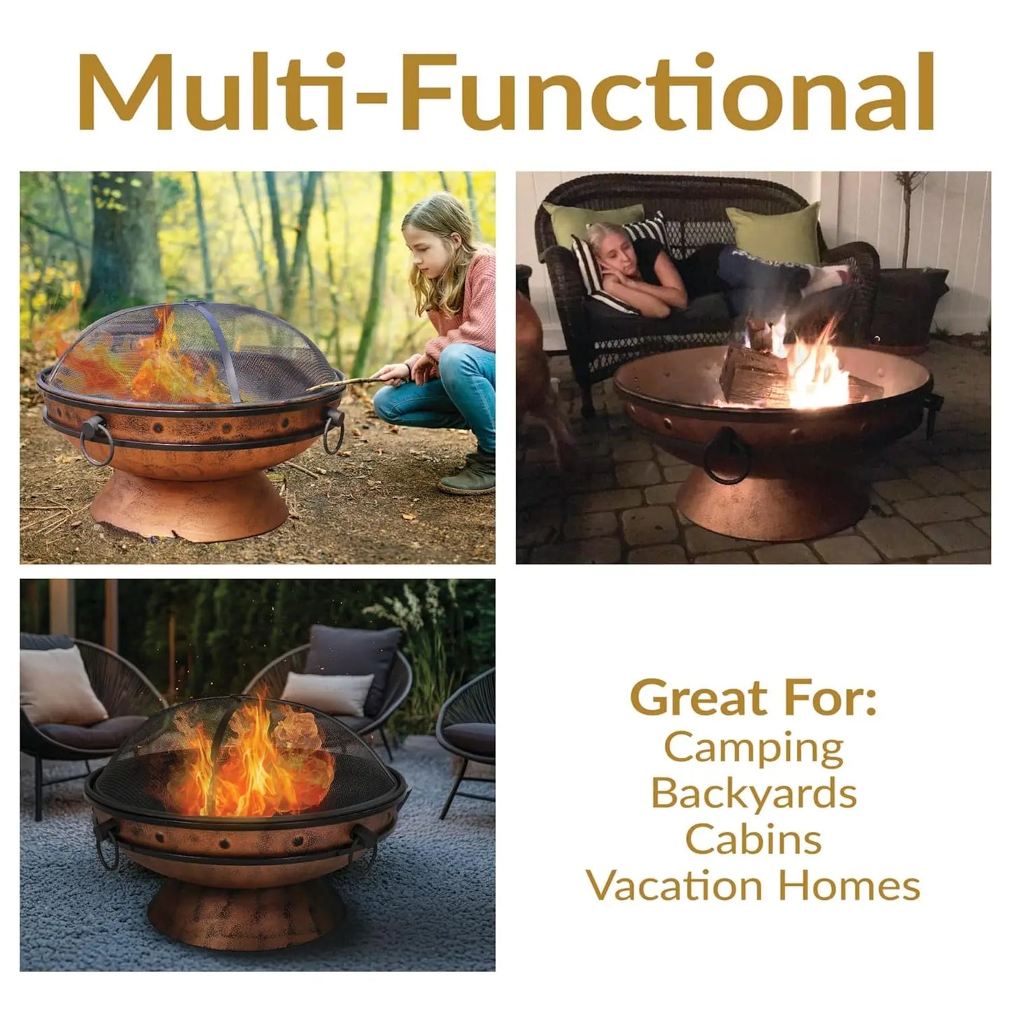 30-Inch Outdoor Fire Pit - Wood Burning Fire Pit for Outside with Poker and Screen - Copper Finish