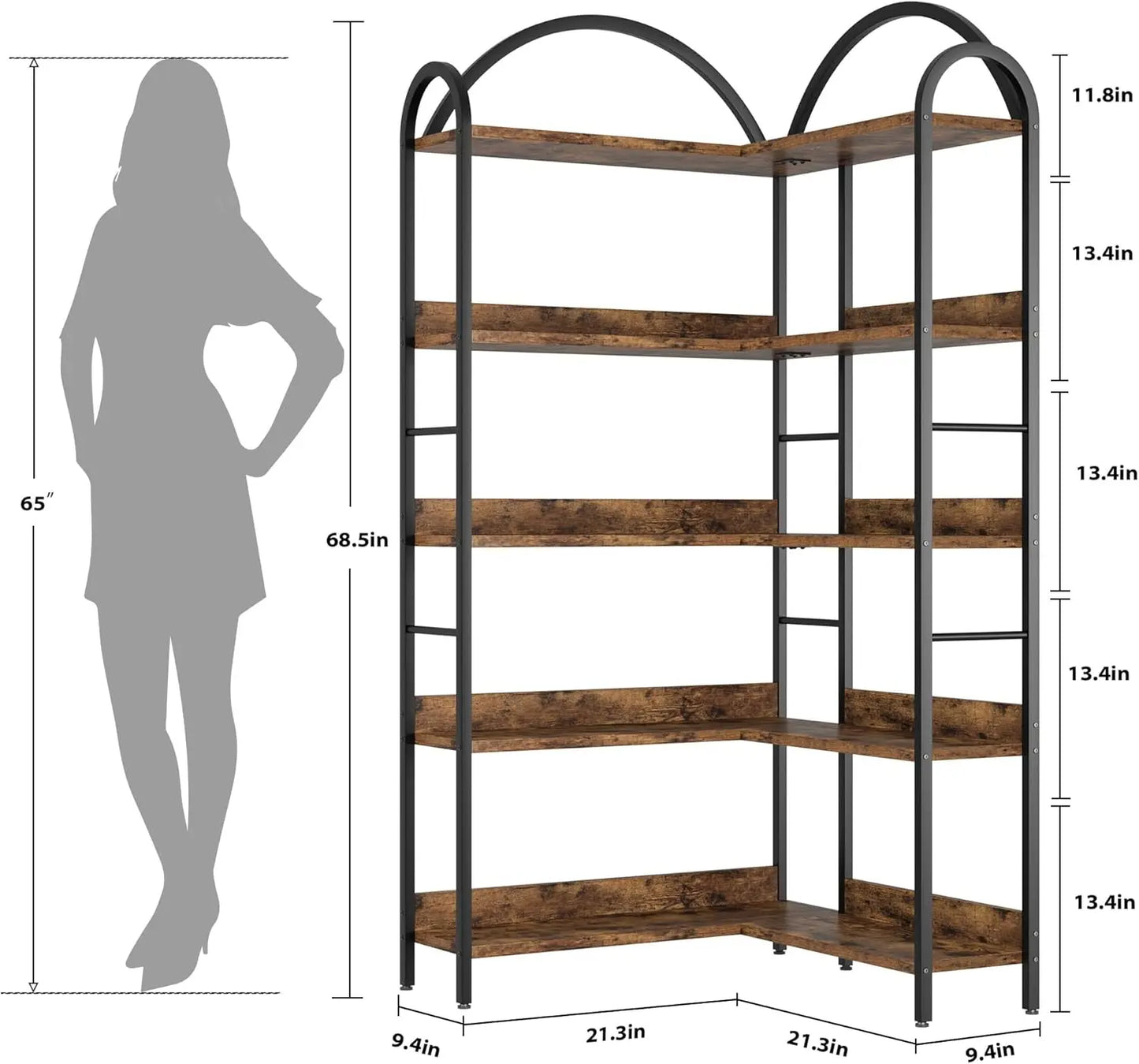 5-Tier Arched L-Shaped Corner Bookshelf | Industrial Storage & Display Rack
