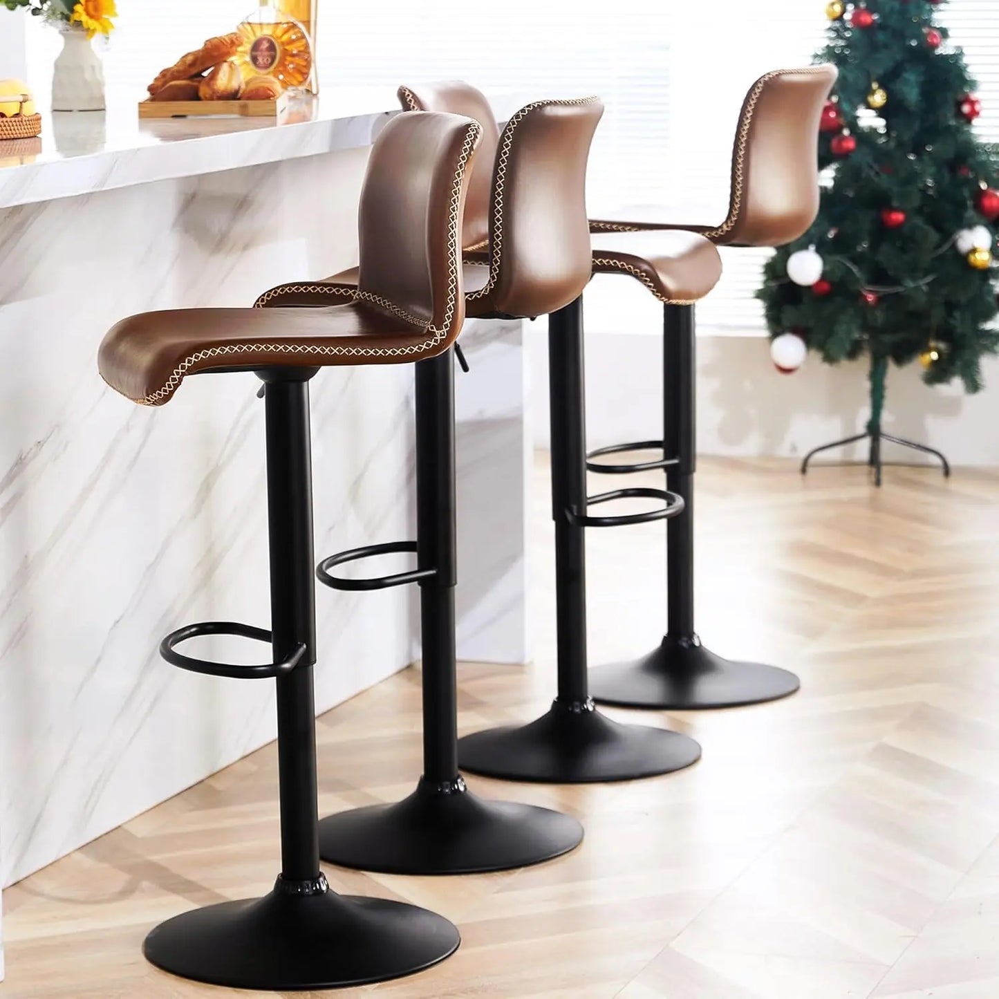 Swivel Bar Stools Set of 4, Adjustable Counter Height with Back, Brown Faux Leather (24' to 32')