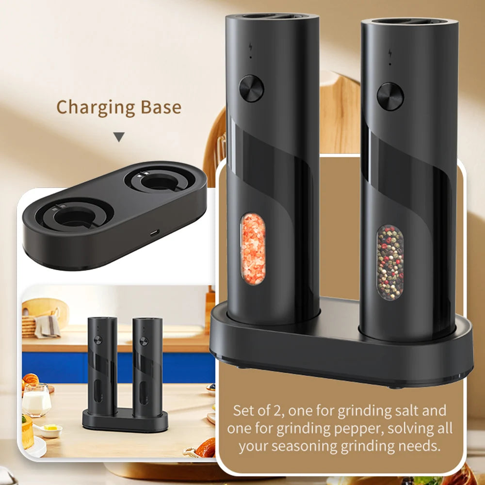 2‑Pack Electric Salt & Pepper Grinders – Rechargeable Automatic Mills with Large Capacity & Charging Base