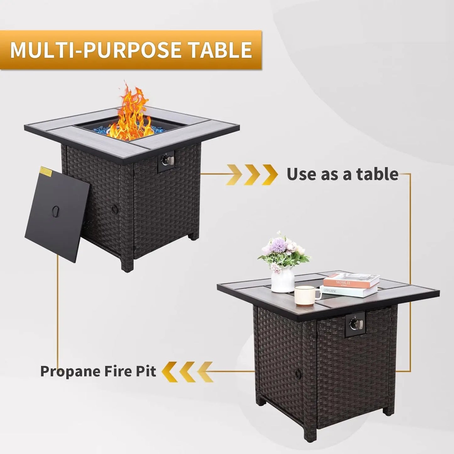 30" Outdoor Wicker Propane Fire Pit – Tabletop Design with Waterproof Cover
